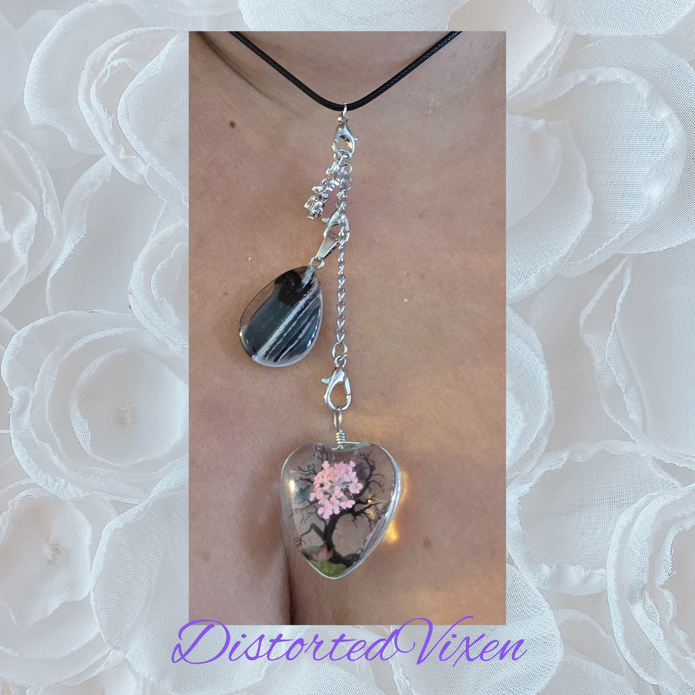 Tree of Life Dragon Necklace Resin Heart and Black Glass Teardrop Pendant